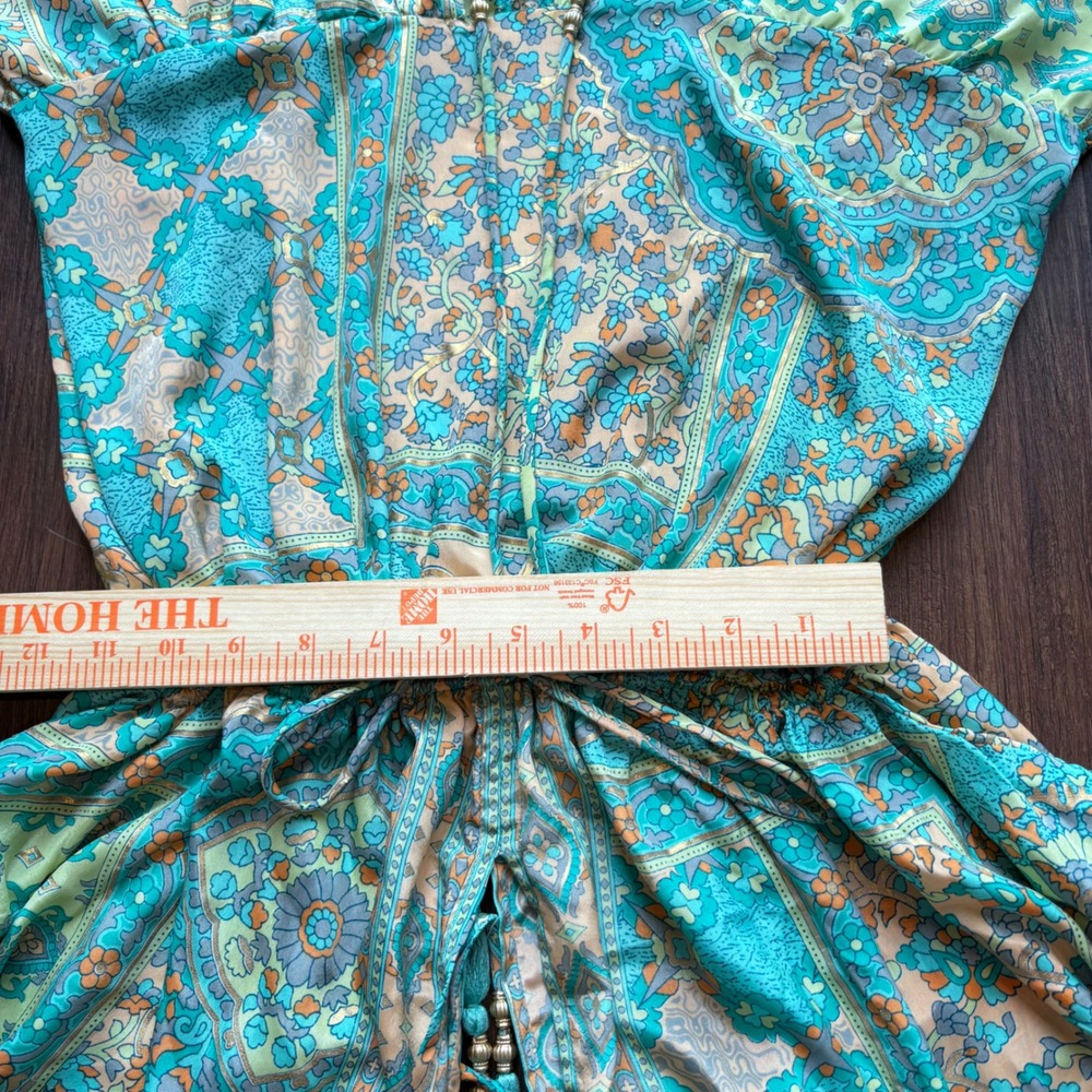 Silk Blend Plunging Mini Dress Aqua Paisley Kimono One Size Boho Miami V-neck - Picture 6 of 8